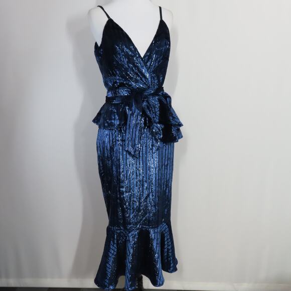 Yumi Kim Midnight Winkle Blue Metallic Striped Velvet Dynasty Dress Size Small - Picture 1 of 9